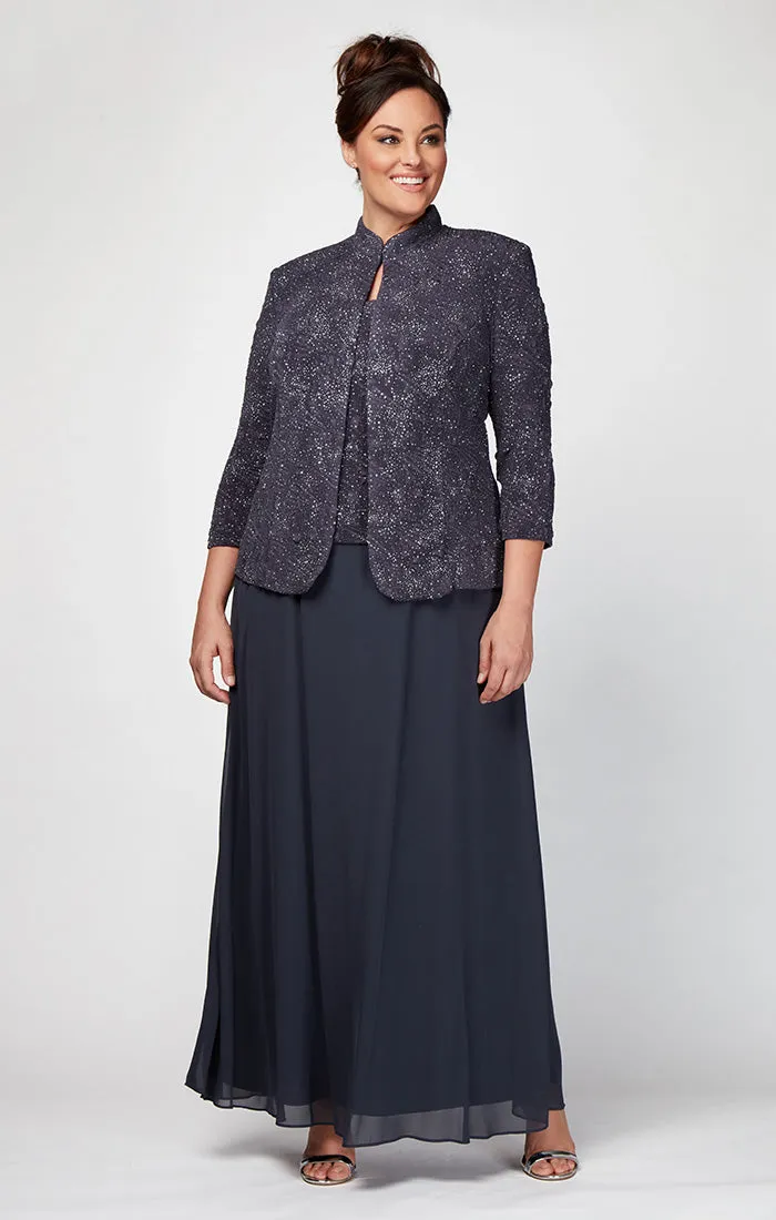Plus Glitter Jacquard Knit Jacket Dress with Mandarin Neckline sold by Alex Evenings
