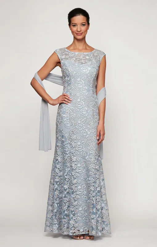 Petite Embroidered Tulle Lace Fit & Flare Gown with Illusion Neckline and Shawl sold by Alex Evenings