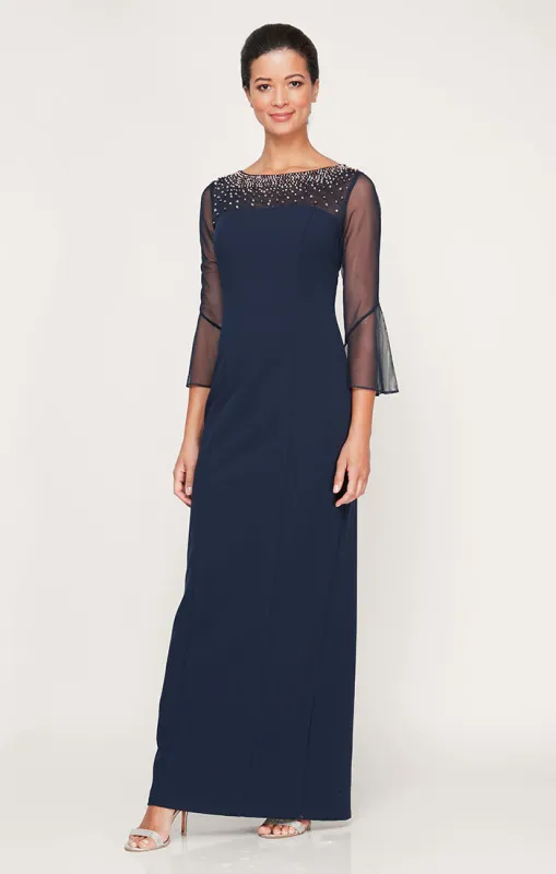 Long Column Stretch Crepe Gown with Heat Set Illusion Neckline & Bell Sleeves sold by Alex Evenings
