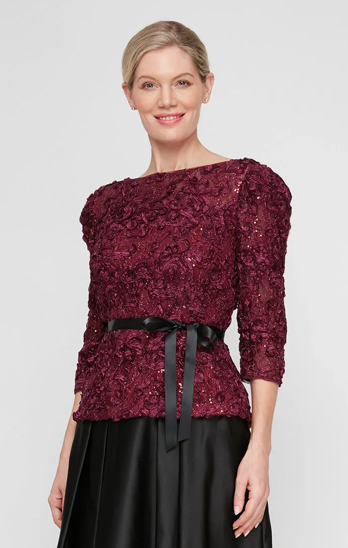 Petite 3/4 Sleeve Soutache Sequin Blouse with Puff Shoulder Sleeve Detail, Illusion Neckline & Tie Belt sold by Alex Evenings