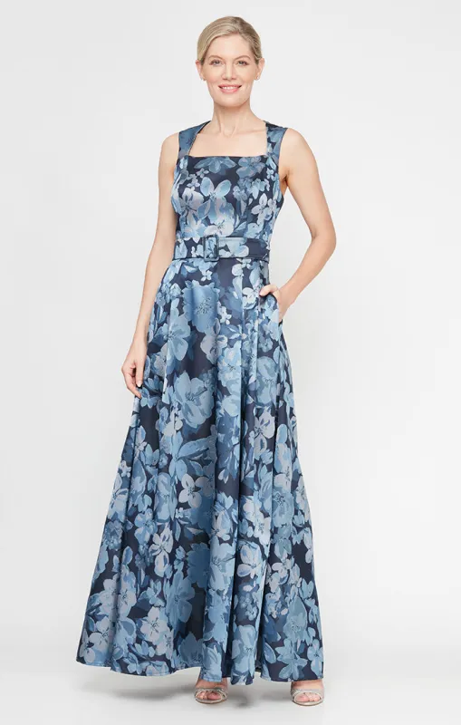 Regular - Sleeveless Printed Jacquard Dress with Square Neckline and Structured Belt sold by Alex Evenings
