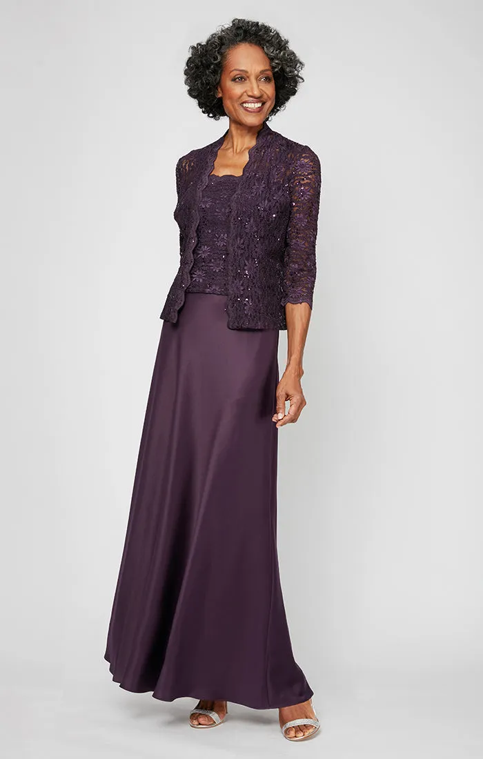 Petite Lace & Satin Gown with 3/4 Sleeve Scalloped Lace Sequin Jacket sold by Alex Evenings