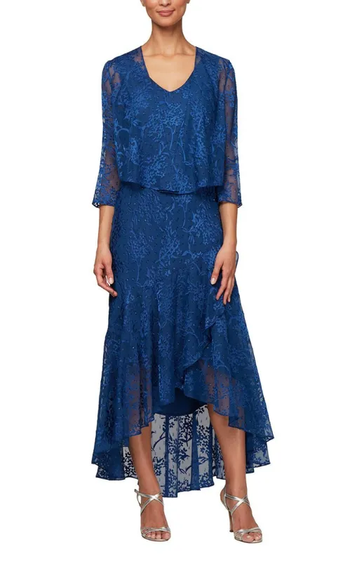 Regular - Tea-Length Chiffon Jacket Dress with High/Low Tulip Hem Skirt sold by Alex Evenings