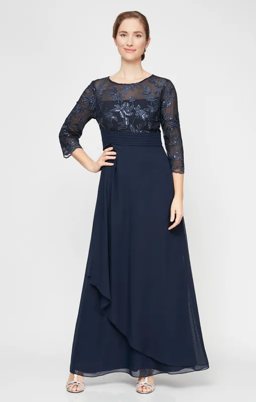 Regular - Gown with Embroidered Sequin Bodice, Pleated Waist & Cascade Skirt sold by Alex Evenings