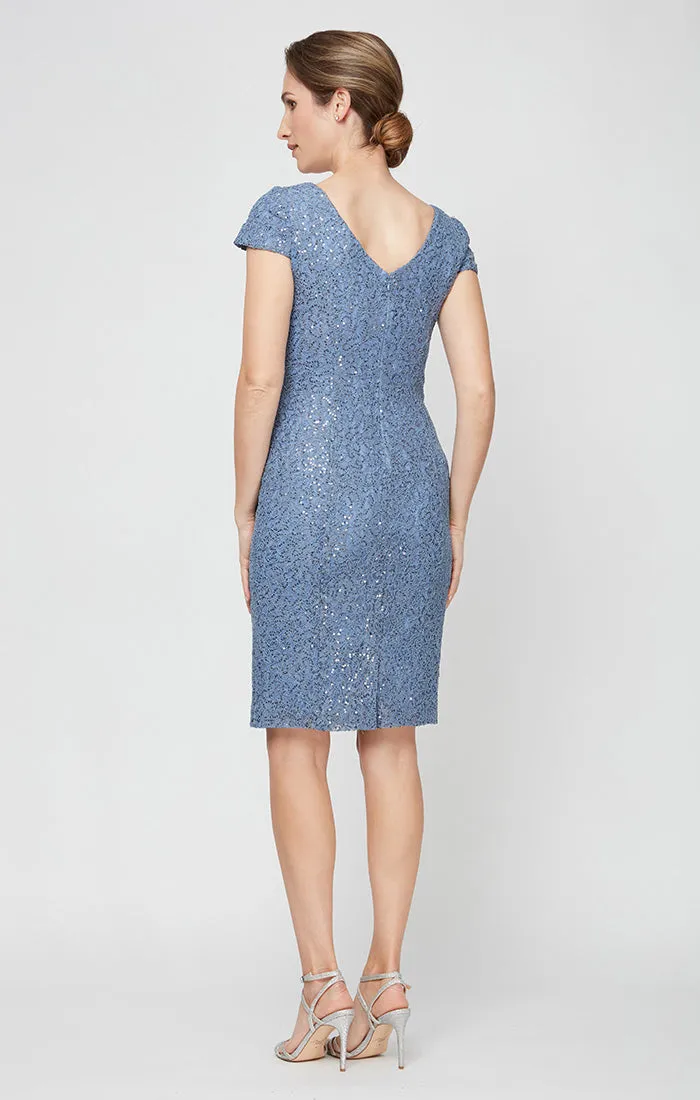 Regular - Short Corded Sheath Dress With V-Neckline and Cap Sleeves sold by Alex Evenings product image thumbnail 2
