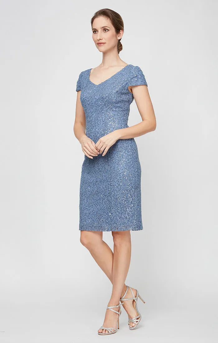 Regular - Short Corded Sheath Dress With V-Neckline and Cap Sleeves sold by Alex Evenings