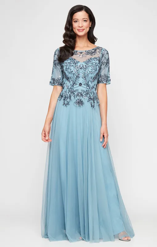 Long A-Line Hand Beaded Mock Dress with Illusion Neckline and Elbow Sleeves sold by Alex Evenings