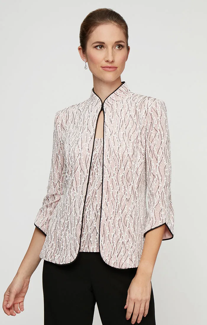 Glitter Knit Mandarin Neck Twinset with Scoop Neck Tank and Satin Piping Detail sold by Alex Evenings