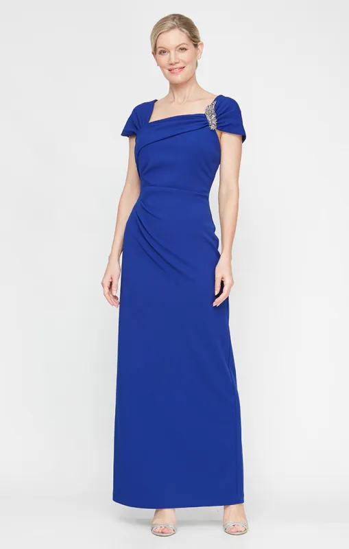Petite - Long Cap Sleeve Crepe Dress With Embellished Asymmetric Neckline sold by Alex Evenings
