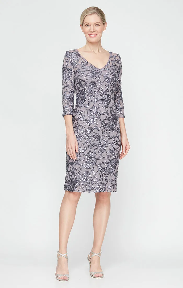 Regular - V-Neck Sheath Dress with Illusion Neckline and Elbow Sleeves sold by Alex Evenings