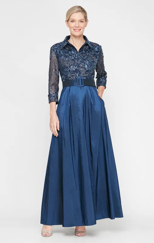 Long A-Line Stretch Tulle Dress with Embroidered Bodice, Illusion Sleeves and Structured Belt sold by Alex Evenings