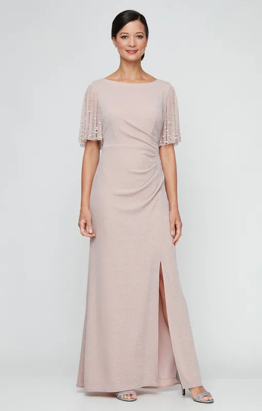 Embellished Flutter Sleeve Metallic Knit Dress with Ruched Waist sold by Alex Evenings