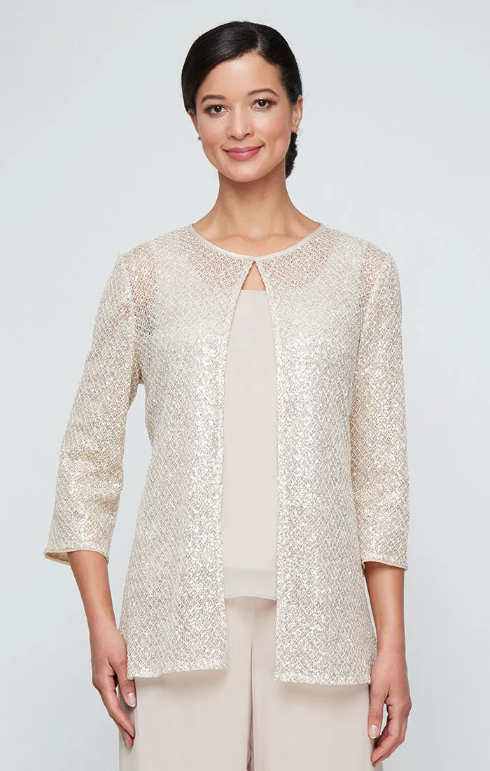 Regular - Twinset with Sequin Detail Crochet Jacket and Chiffon Scoop Neck Tank sold by Alex Evenings