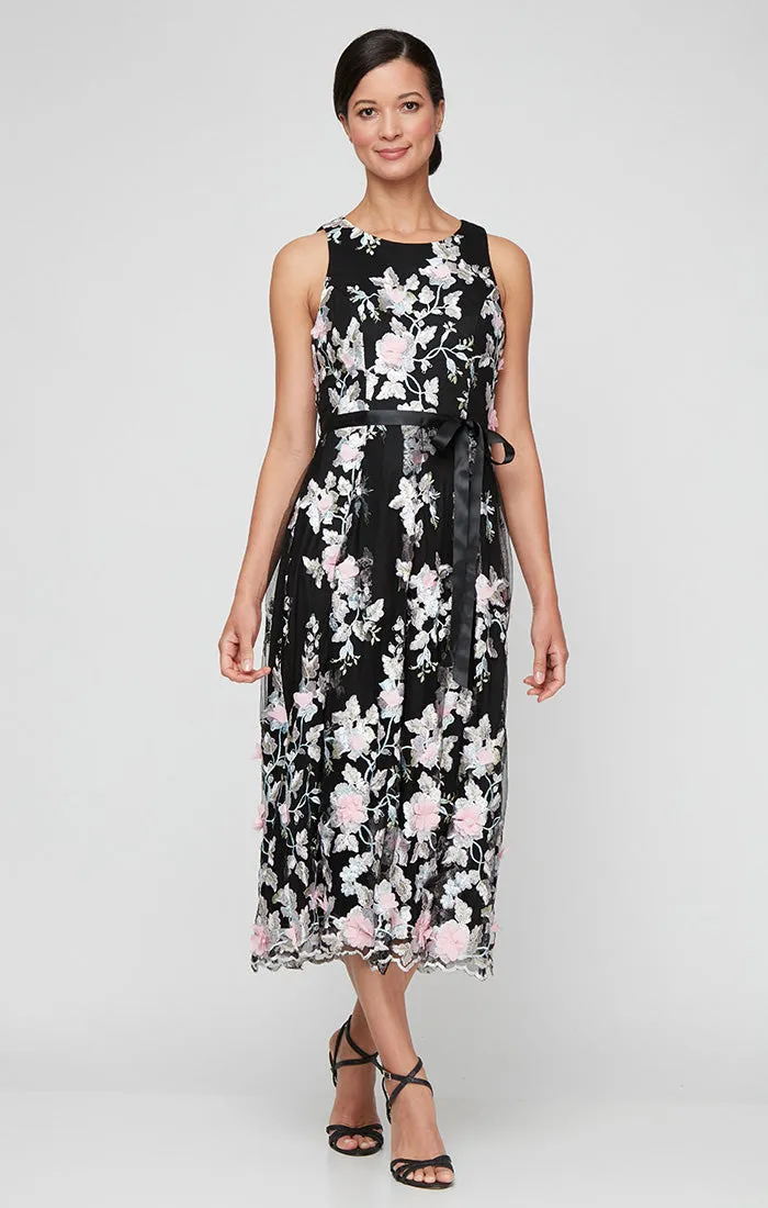 Petite - Midi Embroidered Sleeveless Dress with Scallop Hem Detail and Tie Belt sold by Alex Evenings