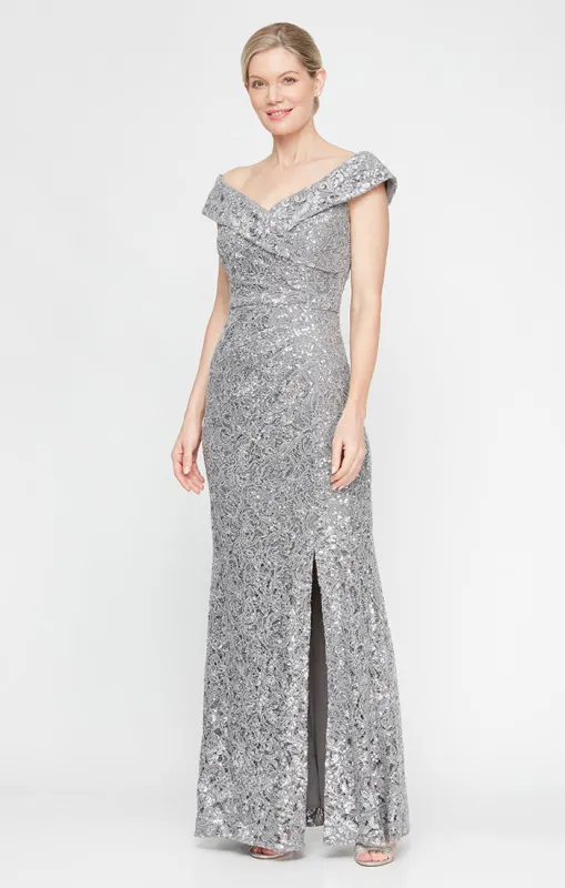 Regular - Off-the-Shoulder Corded Lace Long Gown with Sequin Detail sold by Alex Evenings