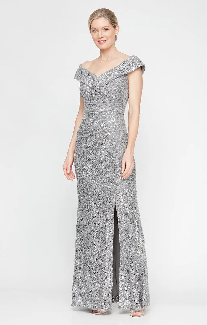 Regular - Off-the-Shoulder Corded Lace Long Gown with Sequin Detail sold by Alex Evenings