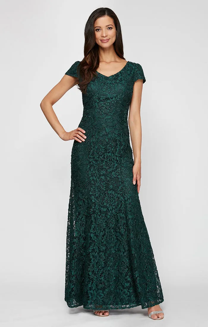 Long Corded Lace V-Neck Fit and Flare Dress with Cap Sleeves sold by Alex Evenings