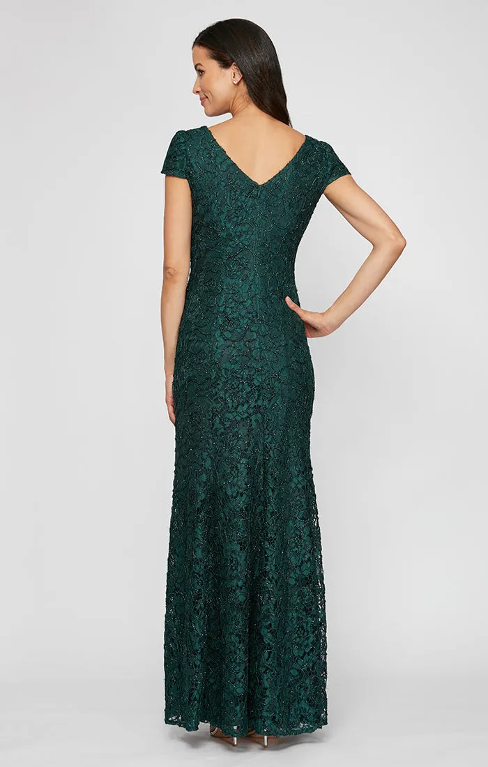 Long Corded Lace V-Neck Fit and Flare Dress with Cap Sleeves sold by Alex Evenings product image thumbnail 2
