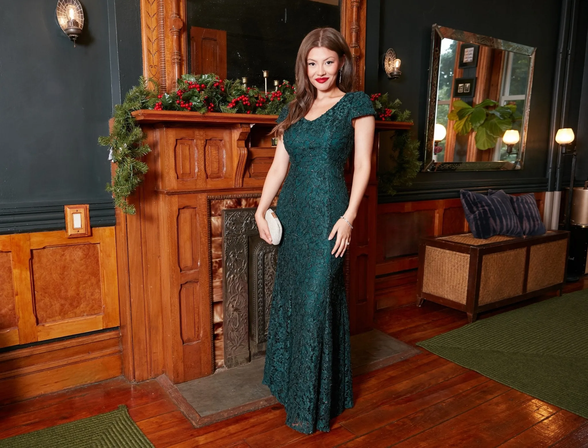 Long Corded Lace V-Neck Fit and Flare Dress with Cap Sleeves sold by Alex Evenings product image thumbnail 3