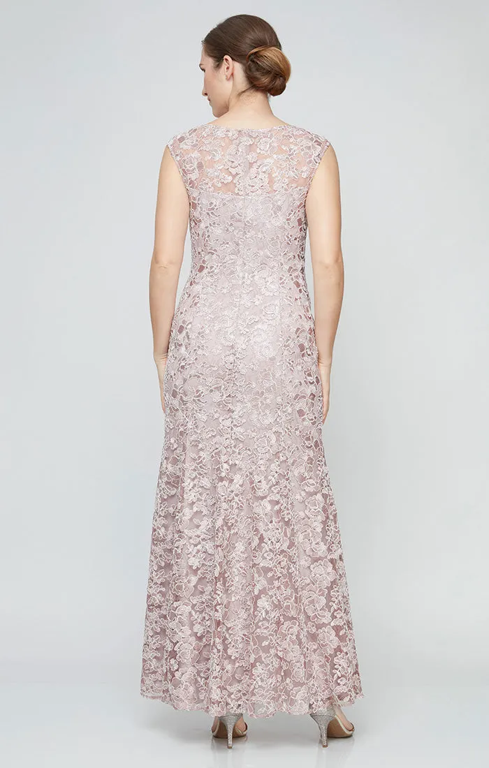 Long Embroidered Fit & Flare Dress with Illusion Neckline and Shawl sold by Alex Evenings product image thumbnail 4