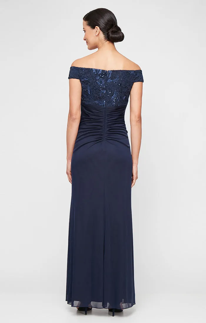 Petite - Long Embroidered Lace Off the Shoulder Dress with Gathered Detail Mesh Skirt and Embellishment Detail sold by Alex Evenings product image thumbnail 2