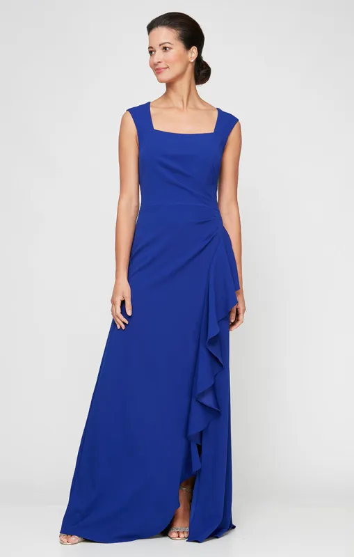 Petite - Long Square Neck Dress with Cascade Ruffle Detail sold by Alex Evenings