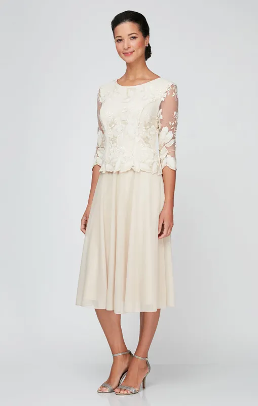 Tea-Length Embroidered Mock Dress with Illusion Sleeves, Scallop Detail and Full Skirt sold by Alex Evenings