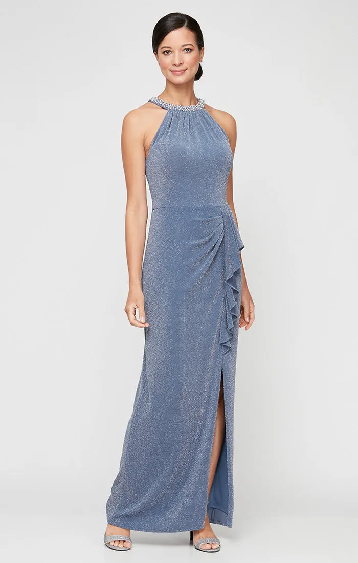 Regular - Metallic Knit Halter Dress with Embellished Neckline & Cascade Detail Skirt sold by Alex Evenings