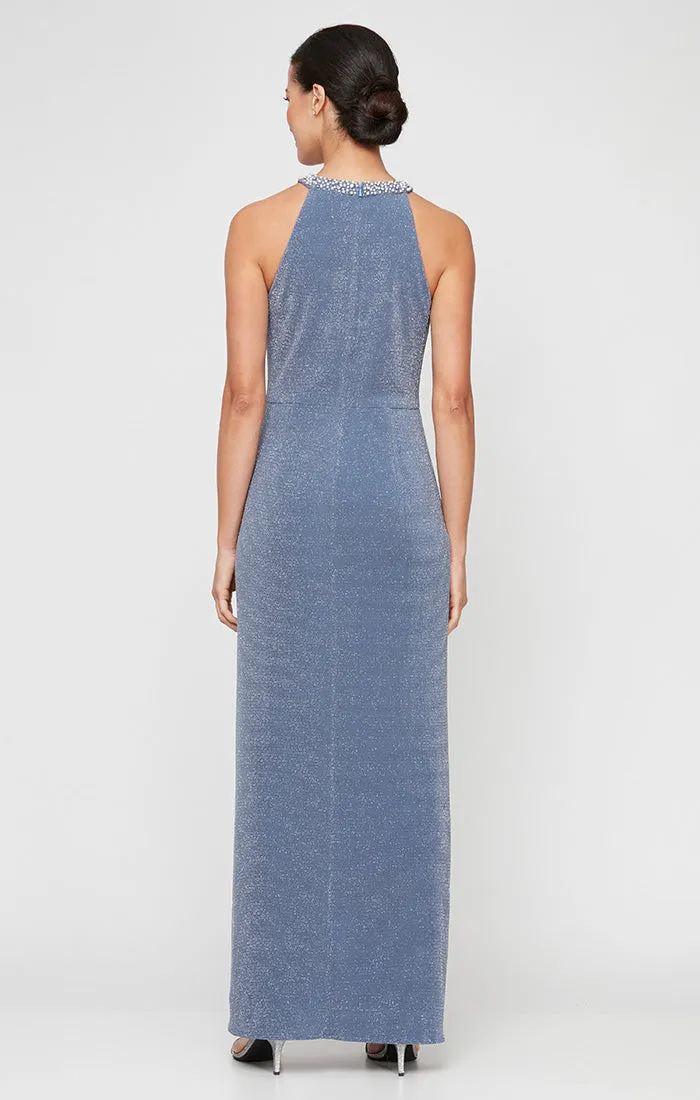 Regular - Metallic Knit Halter Dress with Embellished Neckline & Cascade Detail Skirt sold by Alex Evenings product image thumbnail 2
