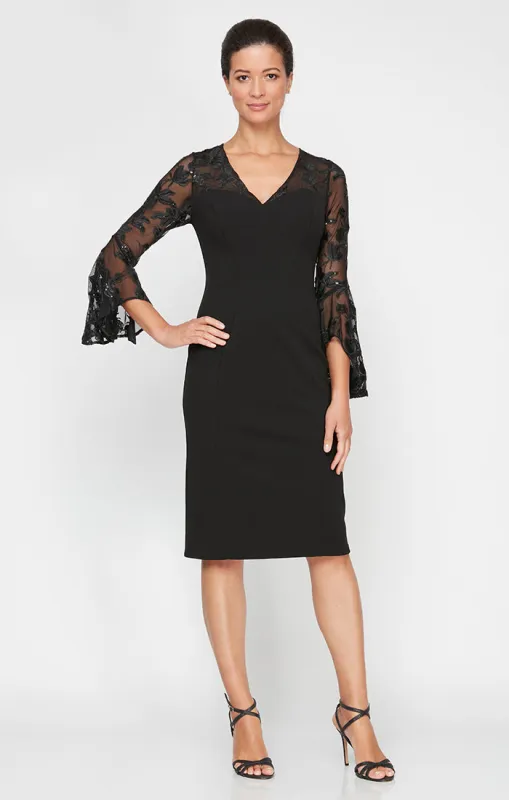 Petite Short V-Neck Sheath Crepe Dress with Illusion Neckline & Cascade Bell Sleeves sold by Alex Evenings
