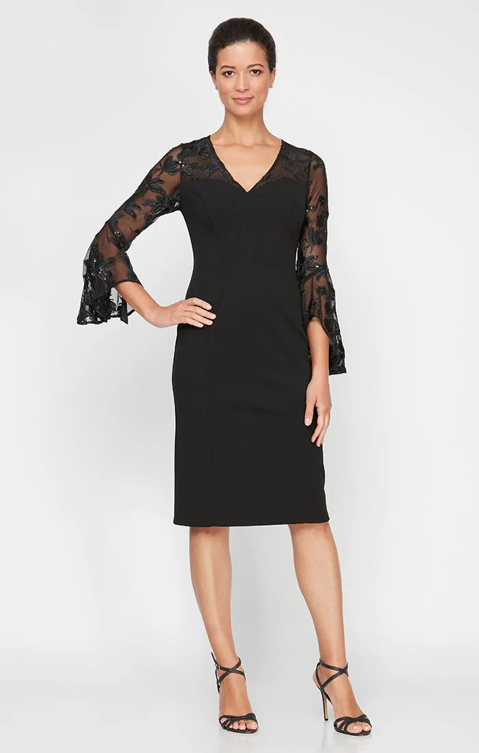 Petite - V-Neck Sheath Crepe Dress with Illusion Neckline & Cascade Bell Sleeves sold by Alex Evenings