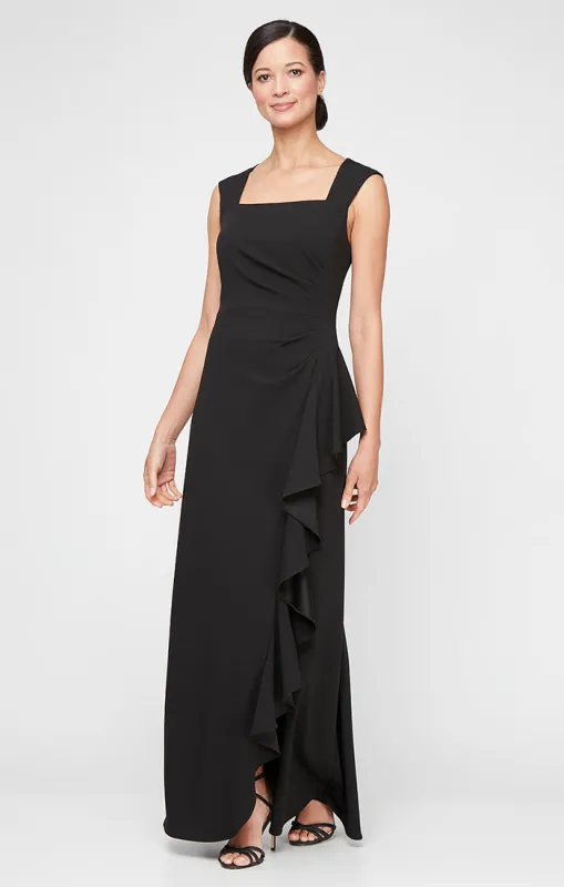 Regular - Long Square Neck Dress with Cascade Ruffle Detail sold by Alex Evenings