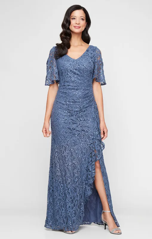 Long V-Neck Stretch Sequin Lace with Cold Shoulder Sleeves and Cascade Detail Skirt sold by Alex Evenings