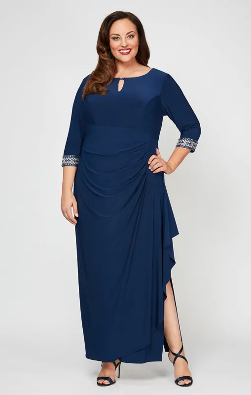 Plus Matte Jersey Dress with Keyhole Cutout Neckline and Embellished Sleeves/Neckline sold by Alex Evenings