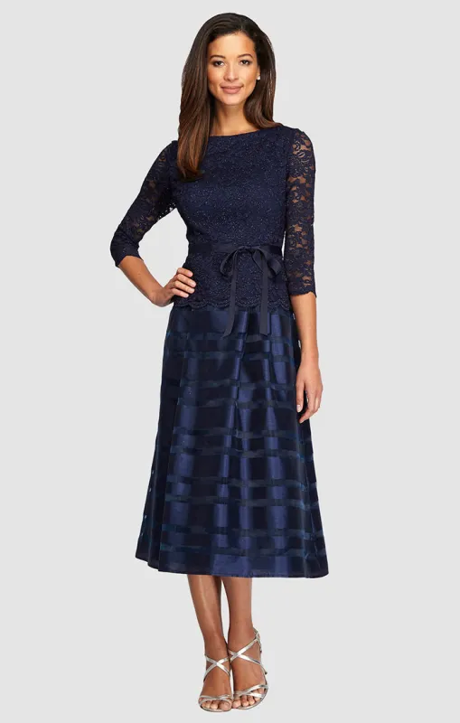 Petite Cocktail Dress with Lace Bodice, Illusion 3/4 Sleeves & Striped Organza Skirt sold by Alex Evenings