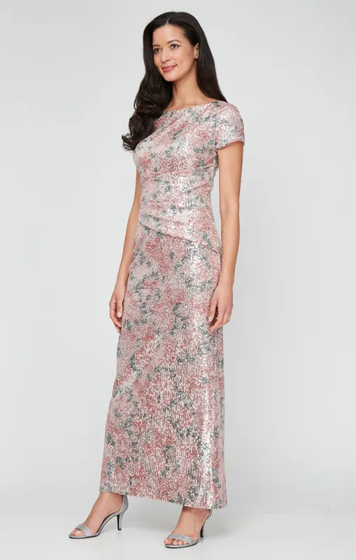 Printed Stretch Sequin Column Dress with Short Sleeves and Ruched Waist sold by Alex Evenings