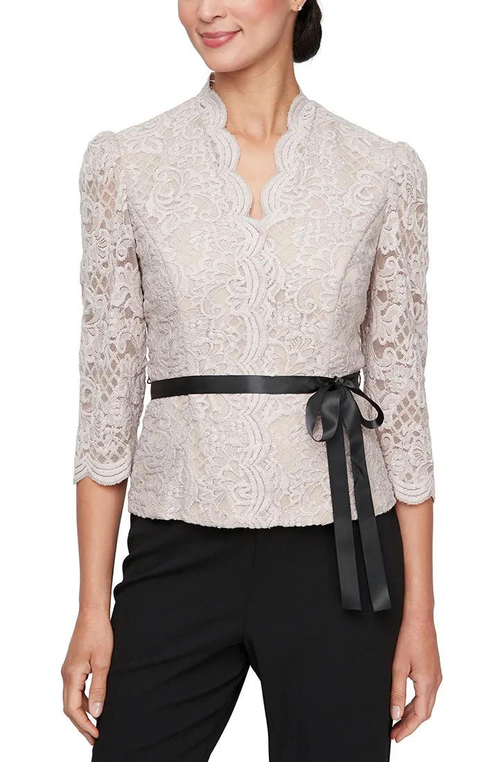 Regular - 3/4 Sleeve Blouse with Scallop Front Detail and Tie Belt sold by Alex Evenings product image thumbnail 3