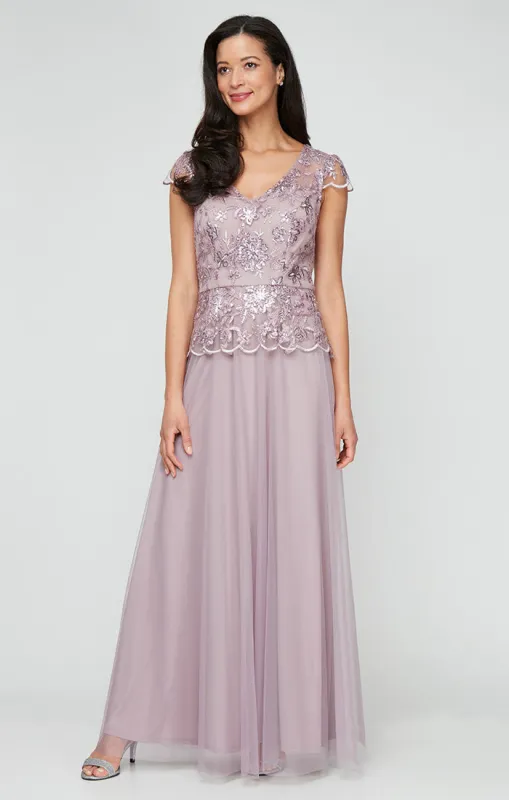 Regular - Embroidered Mock Dress with V-Neckline, Peplum Hem Bodice, Cap Sleeves and Tulle Skirt sold by Alex Evenings