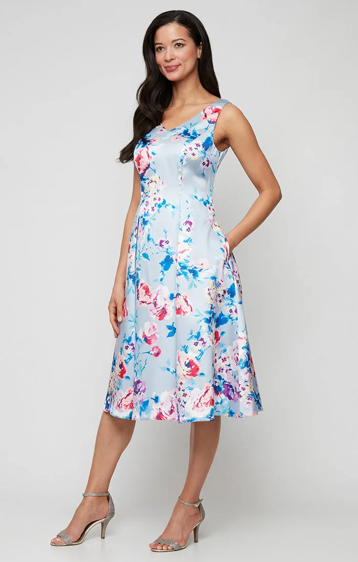 Midi Sleeveless Printed Stretch Faille A-Line Dress with V-Neckline sold by Alex Evenings