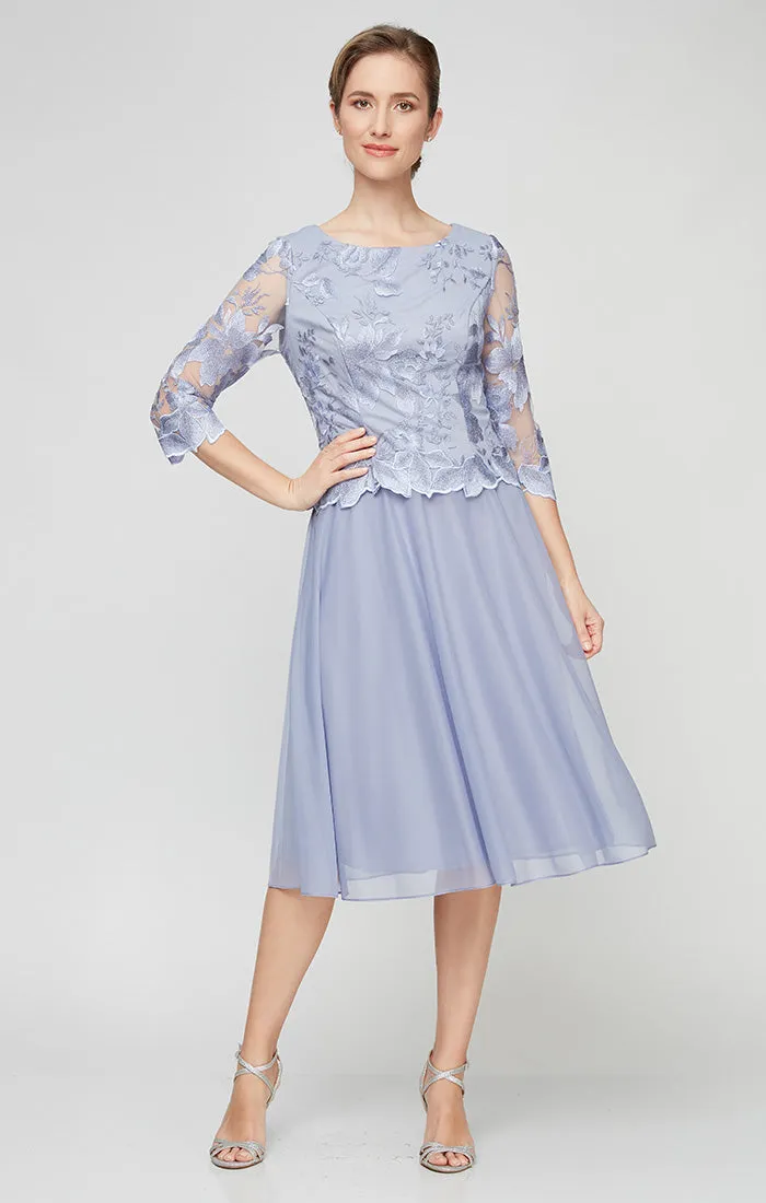 Regular - Tea-Length Embroidered Dress with Illusion Sleeves, Scallop Detail and Full Skirt sold by Alex Evenings