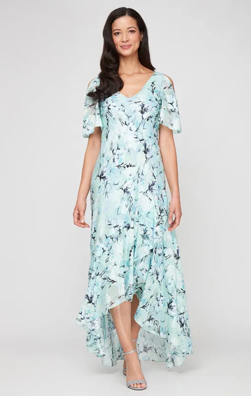 Regular - Chiffon Burnout V-Neck Dress with Tulip Overlay High/Low Hem and Elbow Sleeves sold by Alex Evenings