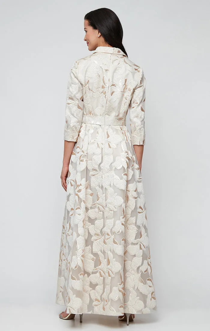 Petite Long Jacquard Ballgown with Center Front Button Bodice, Collar Detail and Tie Waist sold by Alex Evenings product image thumbnail 3