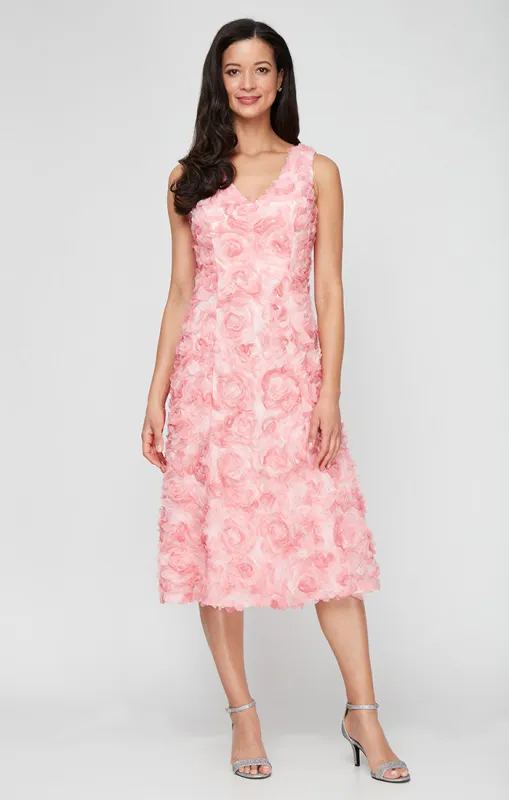Sleeveless Midi Tulle Rosette A-Line Dress Dress with V-Neckline sold by Alex Evenings