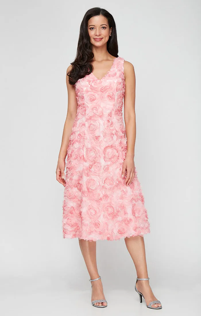 Regular - Midi Tulle Rosette A-Line Dress Dress with V-Neckline sold by Alex Evenings