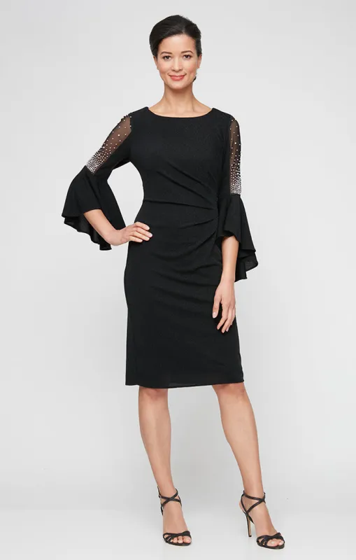 Regular - Short Sheath Metallic Knit Cocktail Dress with Embellished Illusion Bell Sleeves sold by Alex Evenings