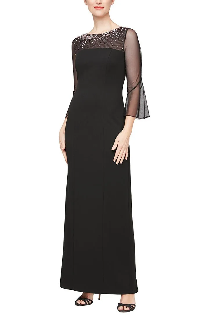 Long Column Dress With Heat Set Illusion Neckline and Bell Sleeves sold by Alex Evenings
