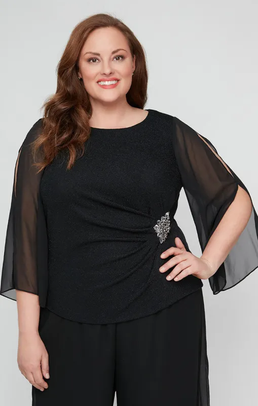 Plus 3/4 Sleeve Metallic Knit Blouse with Beaded Detail at Hip & Illusion Sleeves sold by Alex Evenings