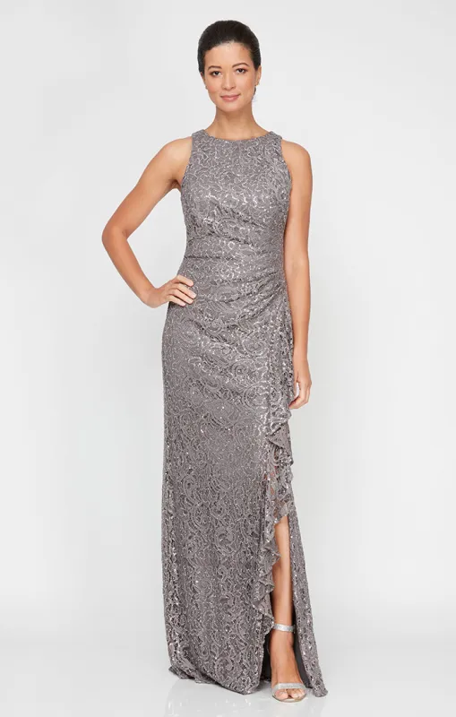 Regular - Long Sleeveless Lace Dress with Cascade Ruffle Front Slit Detail sold by Alex Evenings
