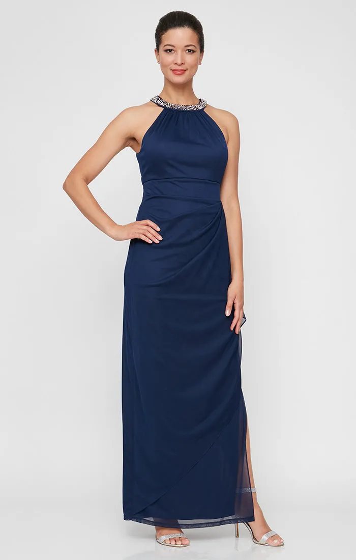 Mesh Dress with Beaded Halter Style Neckline and Cascade Ruffle Detail Skirt sold by Alex Evenings product image thumbnail 3