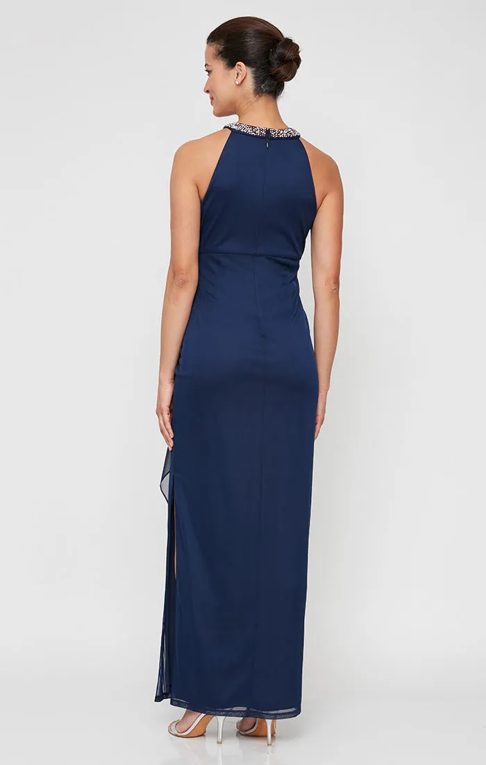 Mesh Dress with Beaded Halter Style Neckline and Cascade Ruffle Detail Skirt sold by Alex Evenings product image thumbnail 4